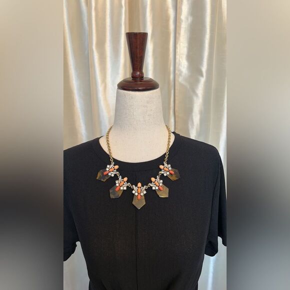 J.Crew Necklace Gold Tone Tortoise Rhinestone Statement Orange Opaque Brown EUC - Picture 2 of 6